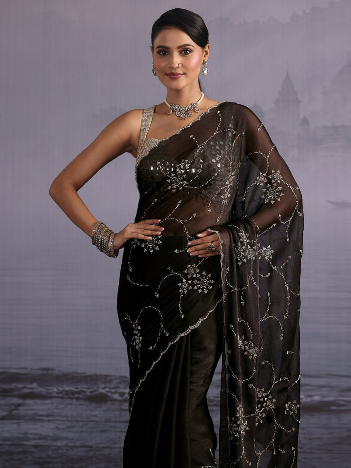 Libas Black Floral Stone Work Embellished Tissue Saree