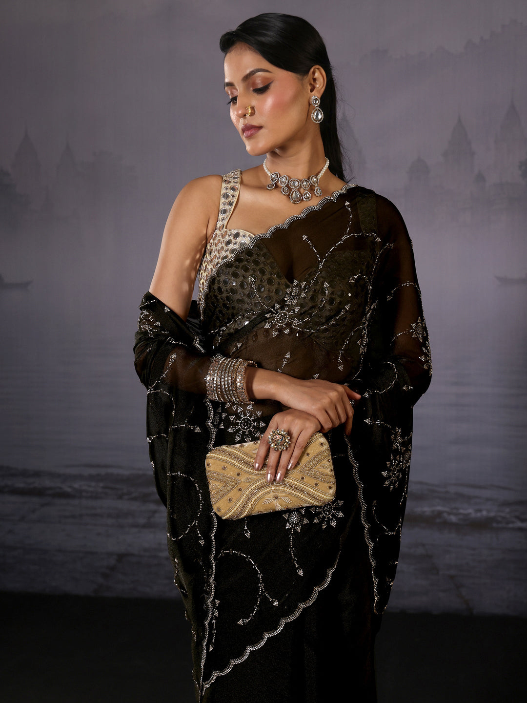 Libas Black Floral Stone Work Embellished Tissue Saree