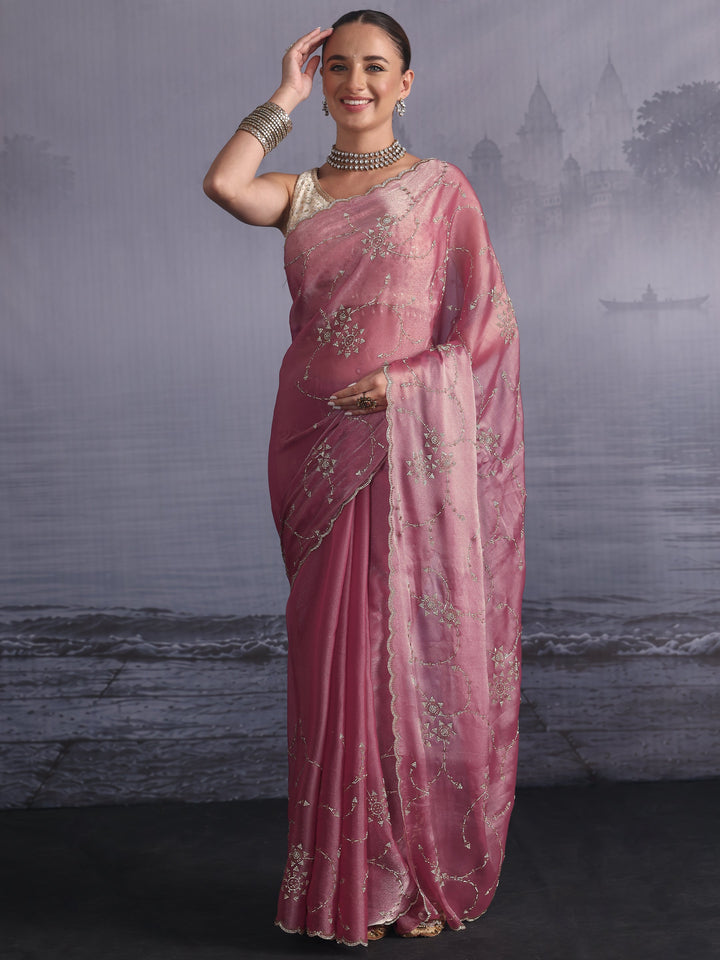 Libas Pink Stone Work Embellished Tissue Saree with Scalloped Border