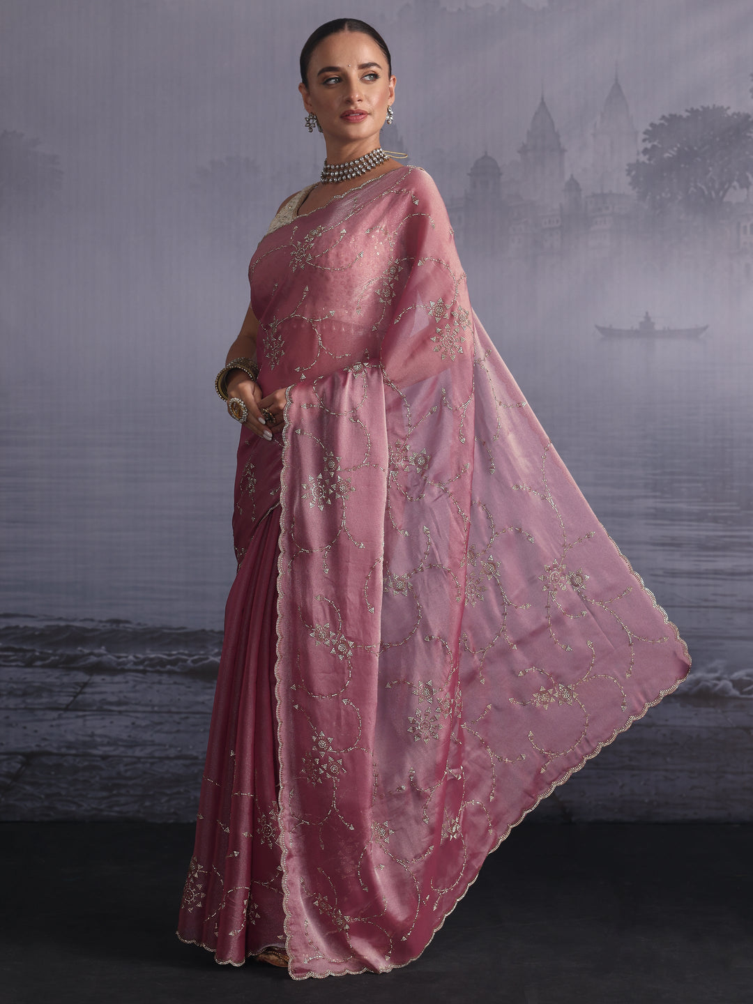 Libas Pink Stone Work Embellished Tissue Saree with Scalloped Border