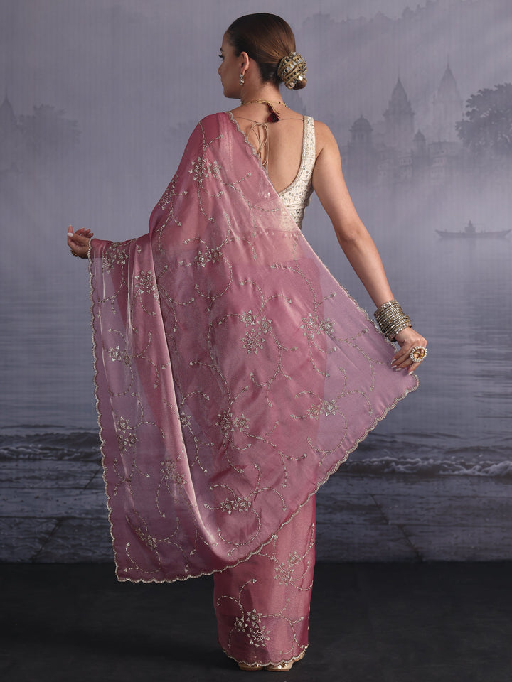 Libas Pink Stone Work Embellished Tissue Saree with Scalloped Border