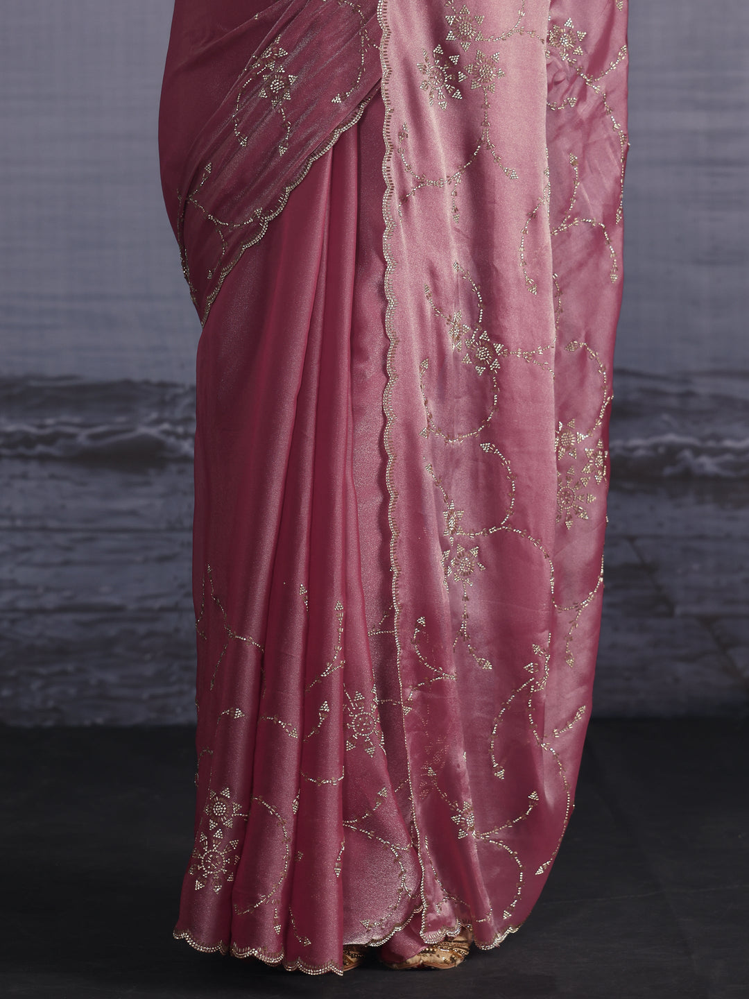 Libas Pink Stone Work Embellished Tissue Saree with Scalloped Border