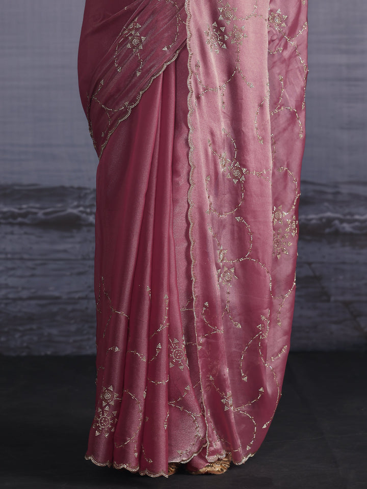 Libas Pink Stone Work Embellished Tissue Saree with Scalloped Border