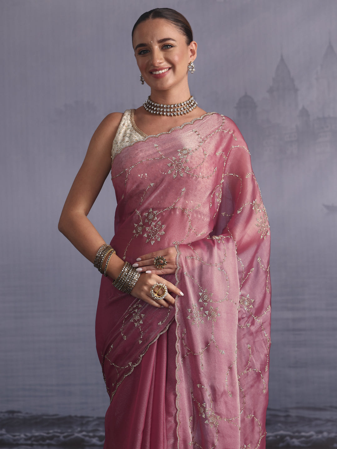 Libas Pink Stone Work Embellished Tissue Saree with Scalloped Border