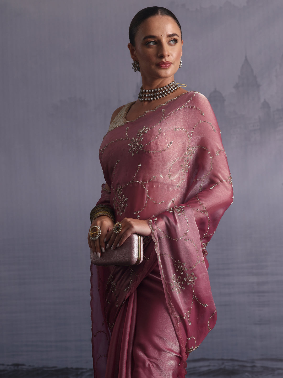 Libas Pink Stone Work Embellished Tissue Saree with Scalloped Border