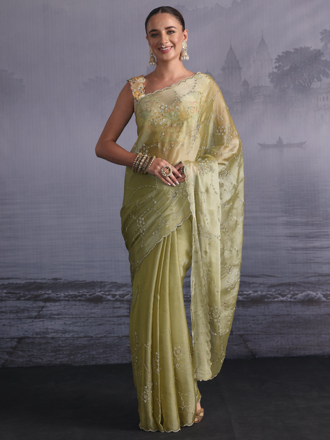 Libas Green Stone Work Embellished Tissue Saree with Scalloped Border