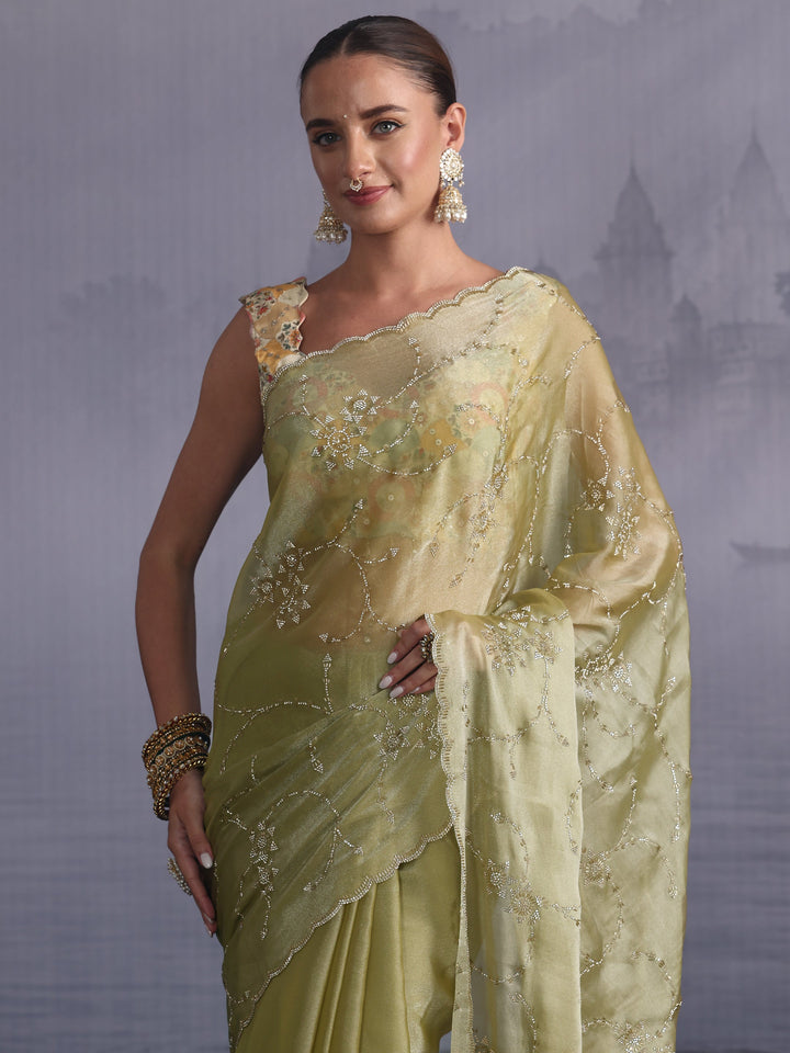 Libas Green Stone Work Embellished Tissue Saree with Scalloped Border