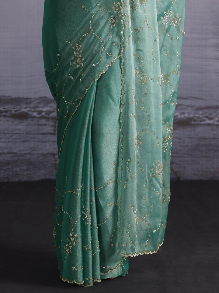 Libas Green Floral Stone Work Embellished Tissue Saree