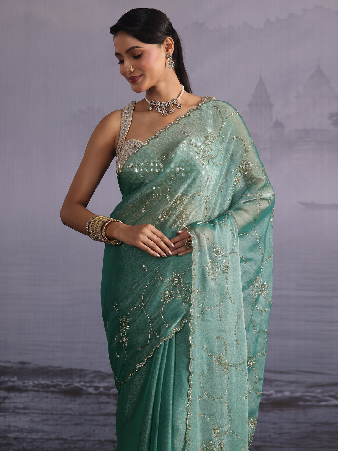 Libas Green Floral Stone Work Embellished Tissue Saree