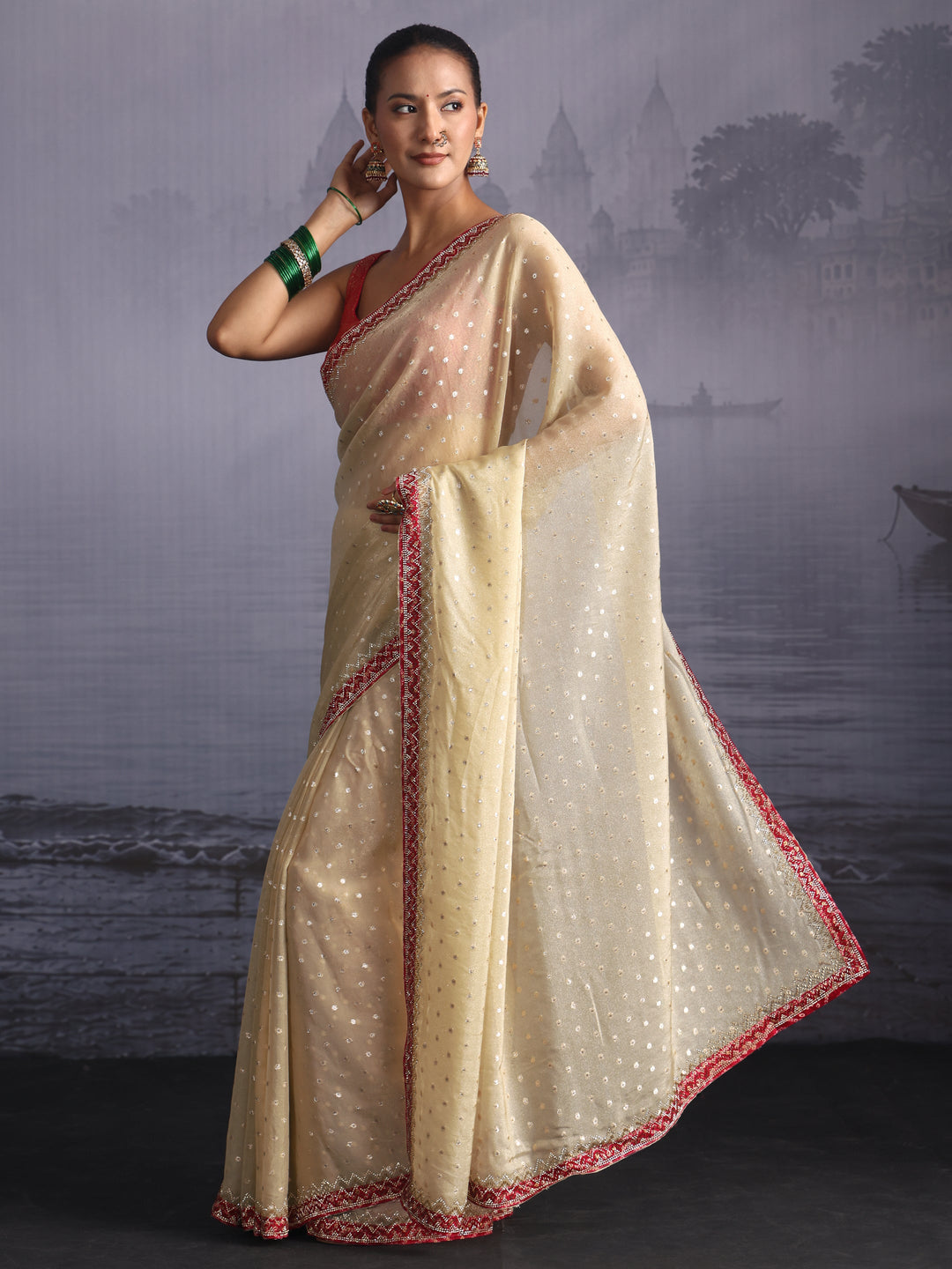 Libas Green and Pink Woven Design Tissue Saree with Embellished Border