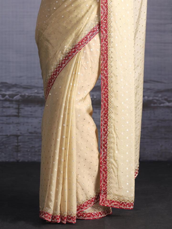 Libas Green and Pink Woven Design Tissue Saree with Embellished Border