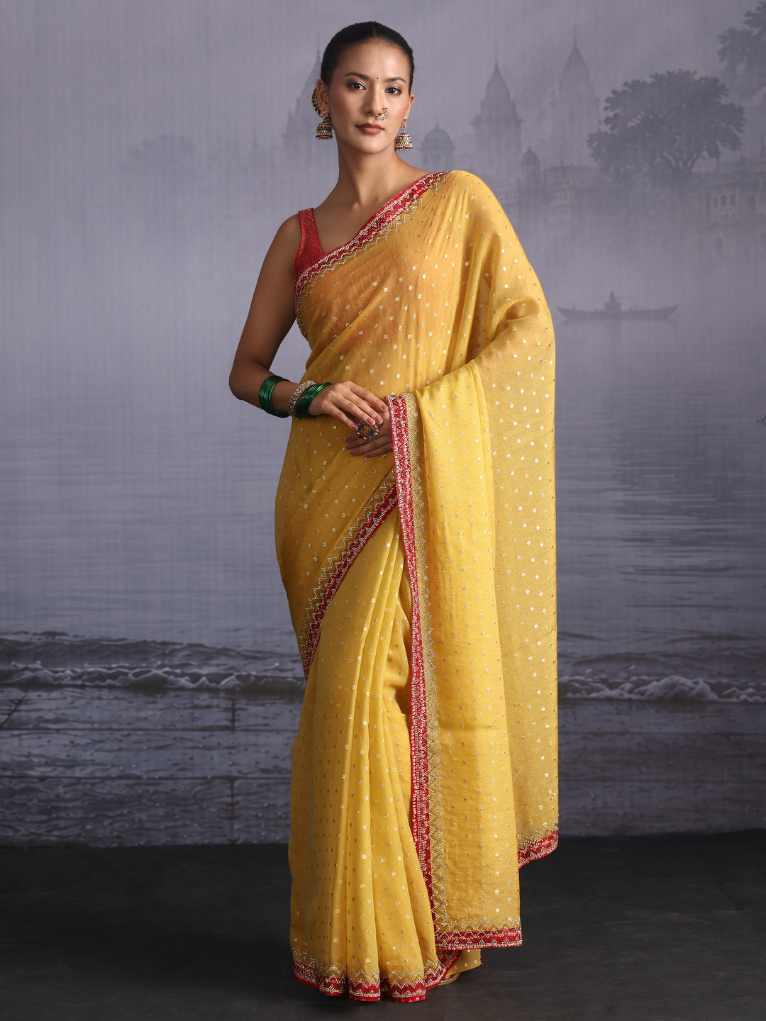 Libas Mustard and Pink Woven Design Tissue Saree with Embellished Border