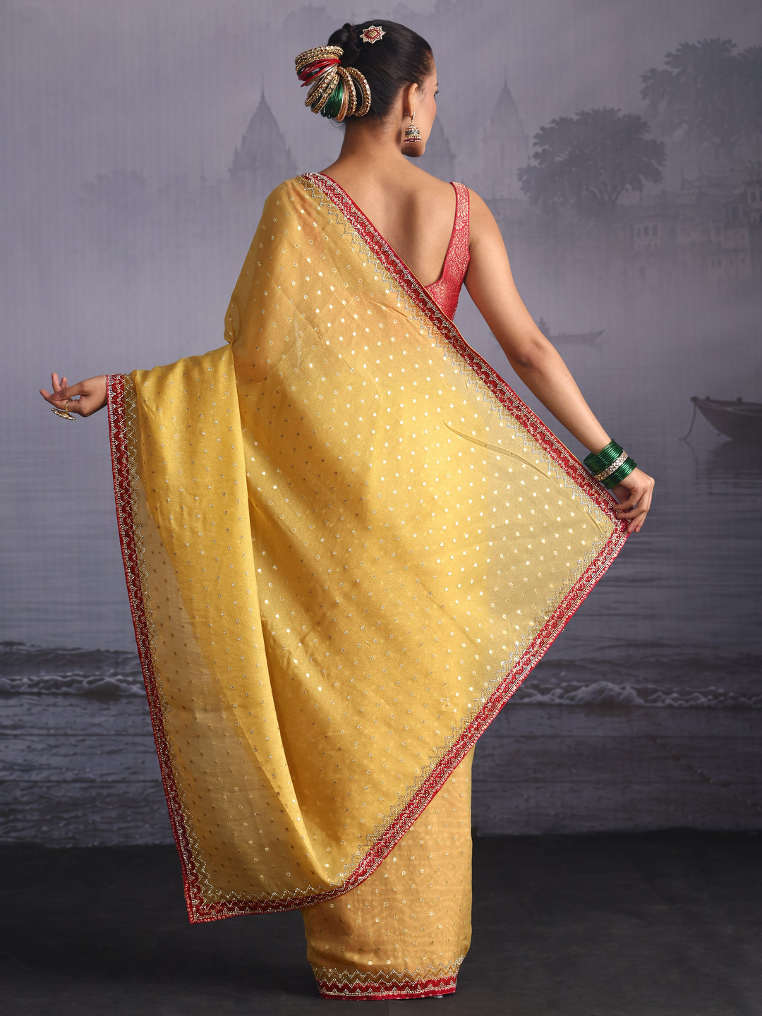 Libas Mustard and Pink Woven Design Tissue Saree with Embellished Border