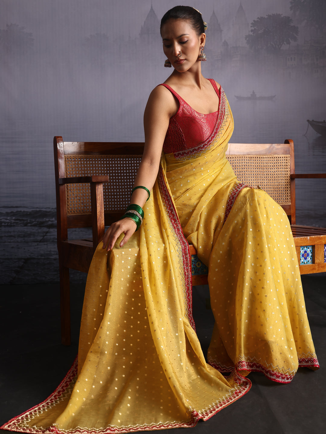 Libas Mustard and Pink Woven Design Tissue Saree with Embellished Border