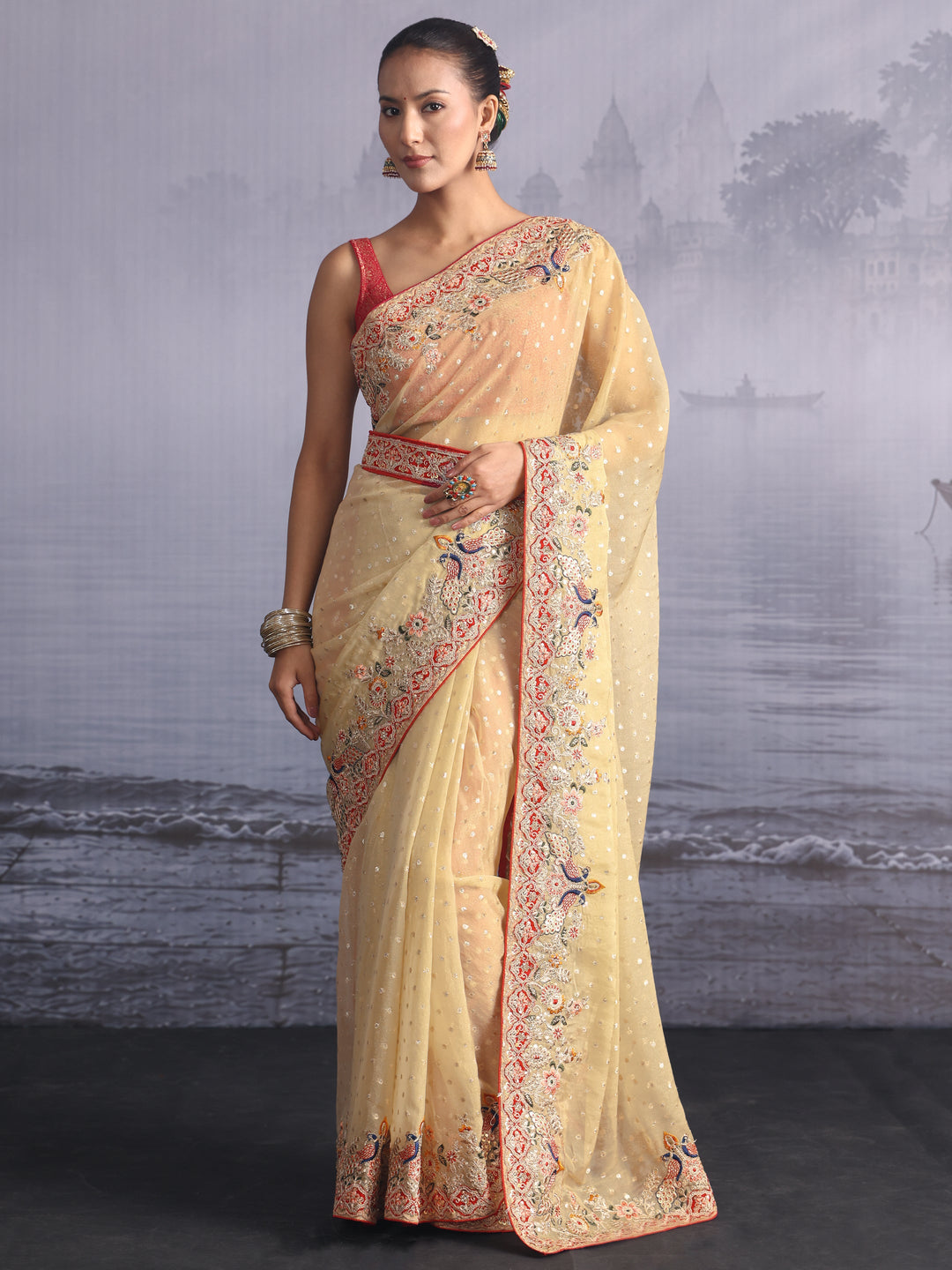 Libas Green Woven Design Tissue Saree with Embroidered Border
