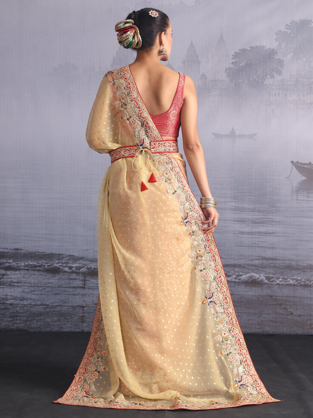 Libas Green Woven Design Tissue Saree with Embroidered Border