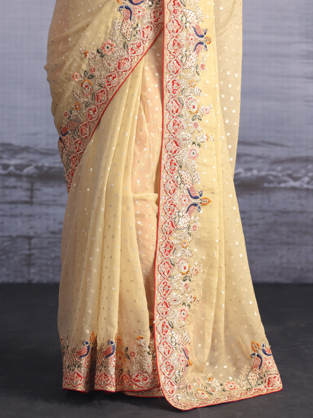Libas Green Woven Design Tissue Saree with Embroidered Border