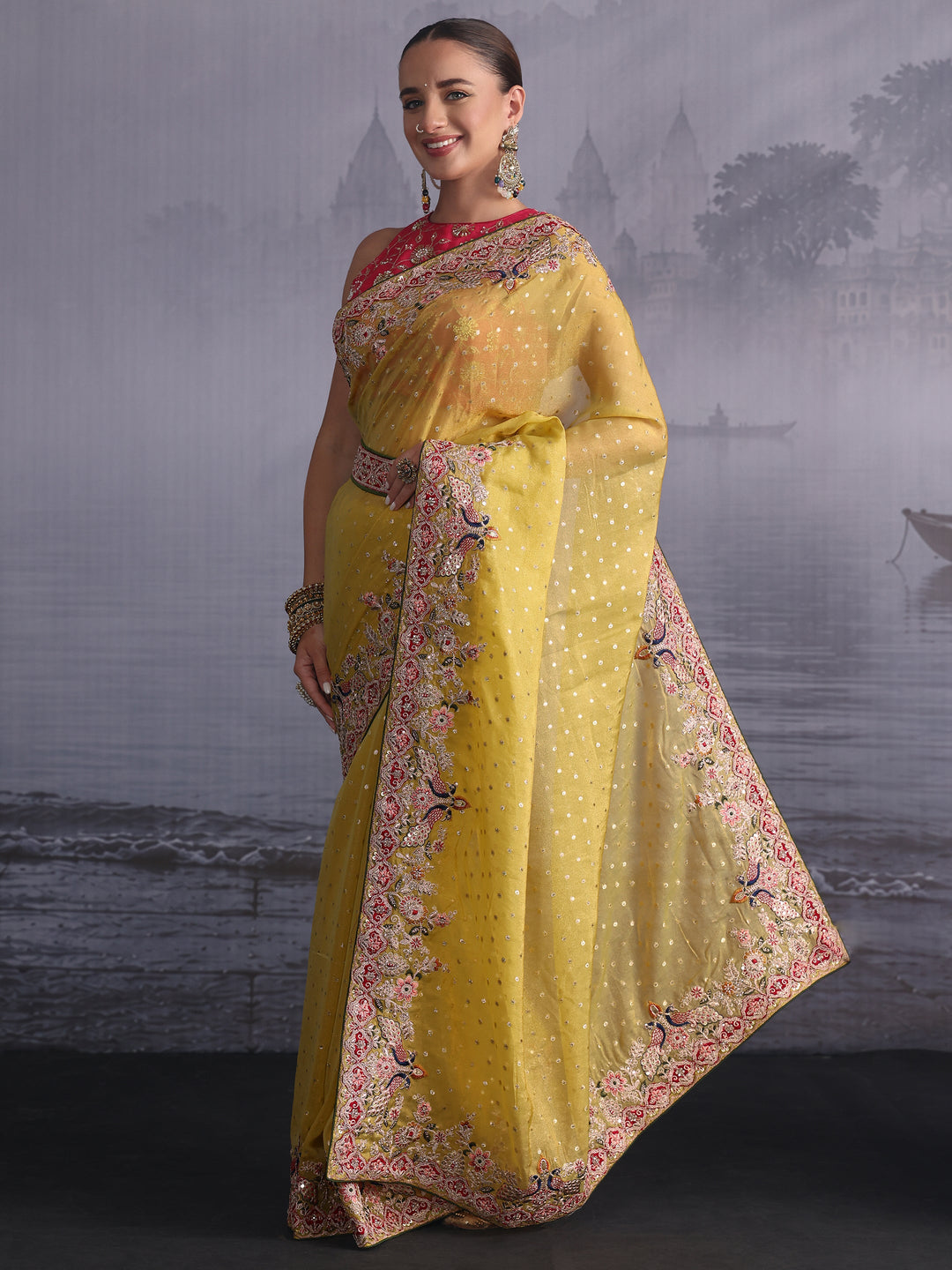 Libas Mustard Woven Design Tissue Saree with Embroidered Border