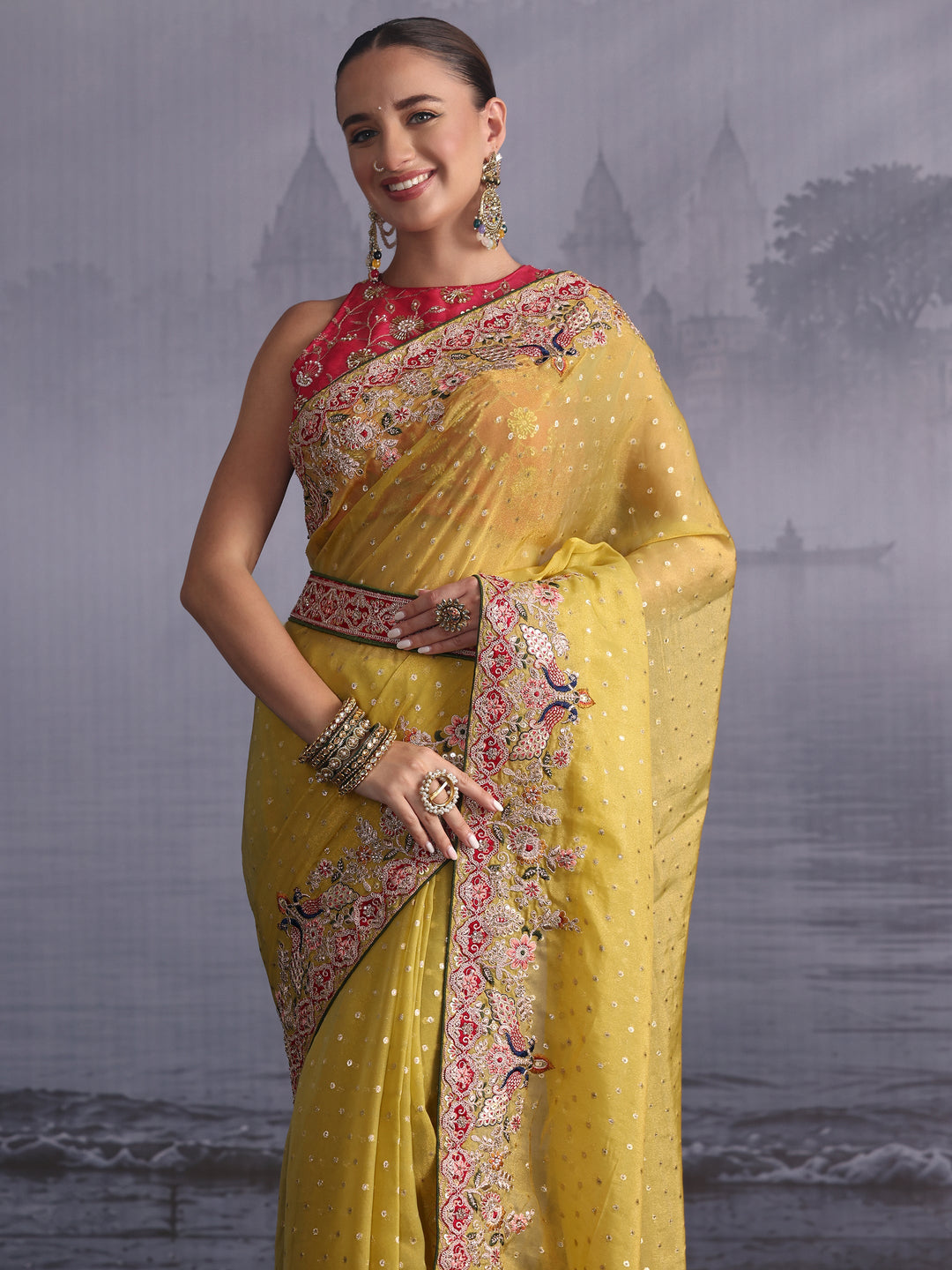 Libas Mustard Woven Design Tissue Saree with Embroidered Border