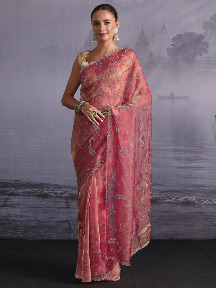 Libas Rose Pink Paisley Stone Work Embellished Tissue Saree