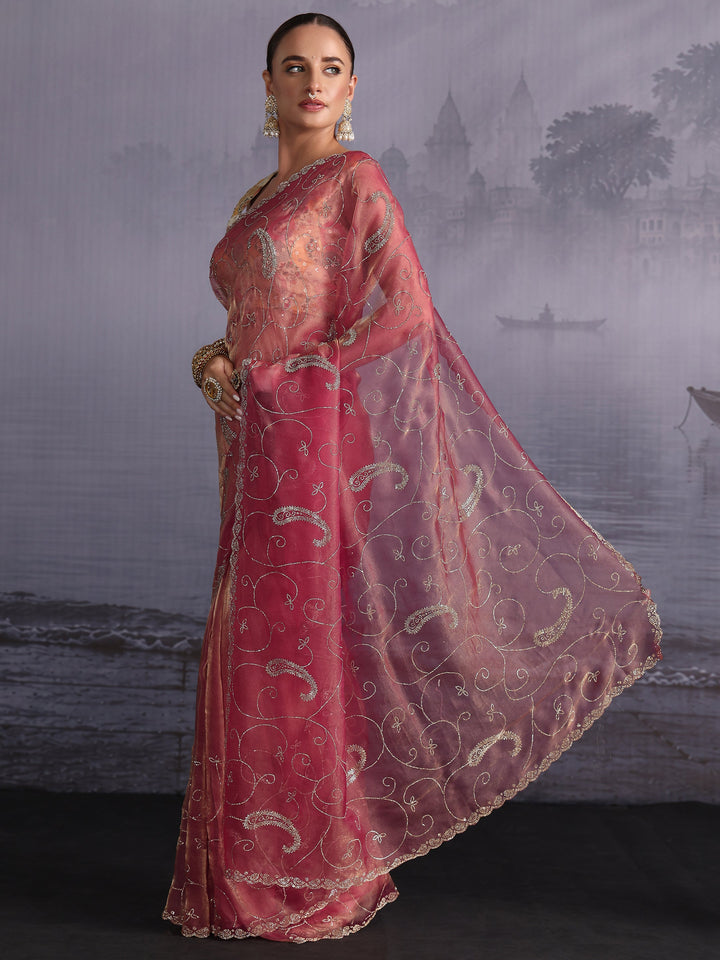 Libas Rose Pink Paisley Stone Work Embellished Tissue Saree