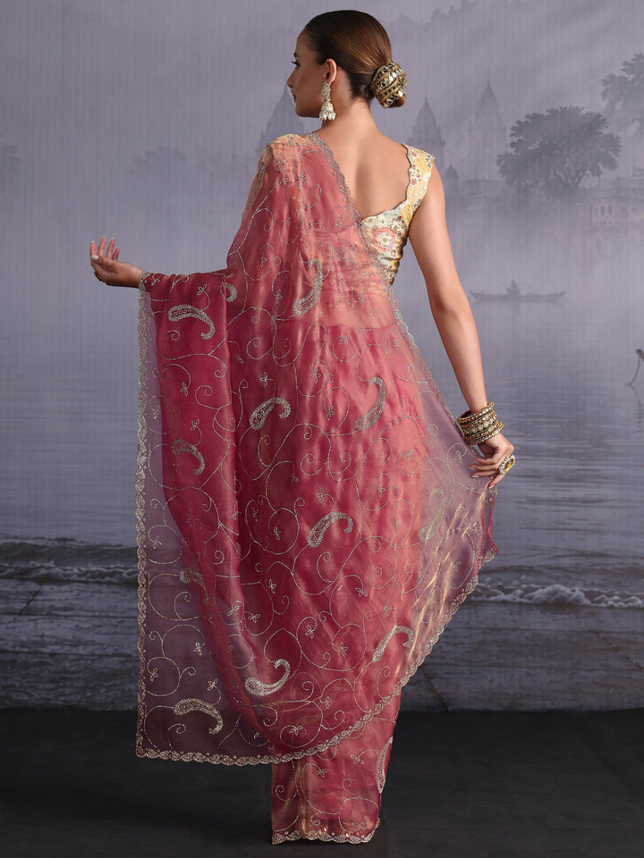 Libas Rose Pink Paisley Stone Work Embellished Tissue Saree