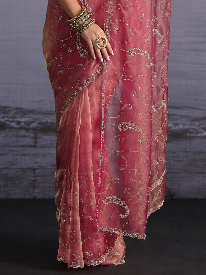Libas Rose Pink Paisley Stone Work Embellished Tissue Saree