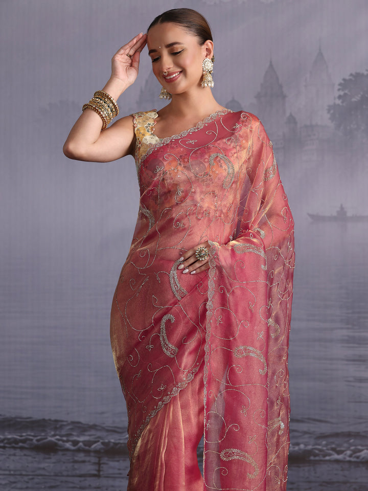 Libas Rose Pink Paisley Stone Work Embellished Tissue Saree