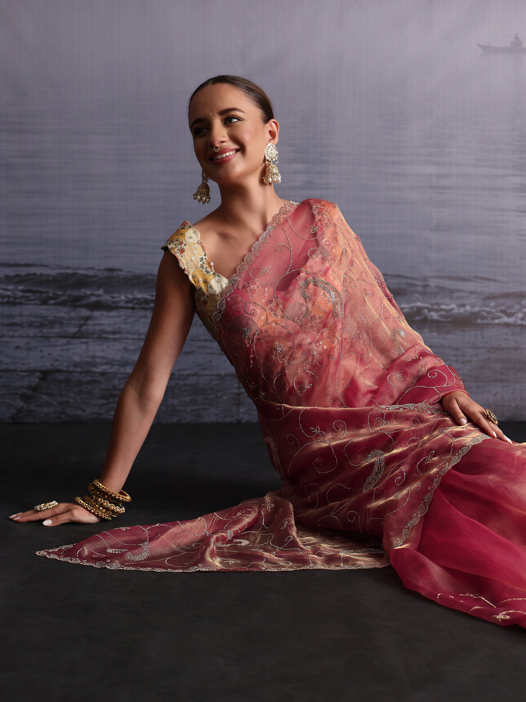 Libas Rose Pink Paisley Stone Work Embellished Tissue Saree