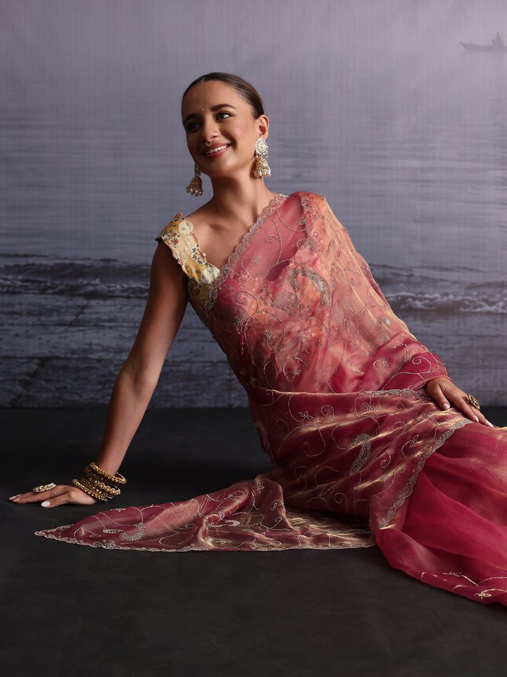 Libas Rose Pink Paisley Stone Work Embellished Tissue Saree