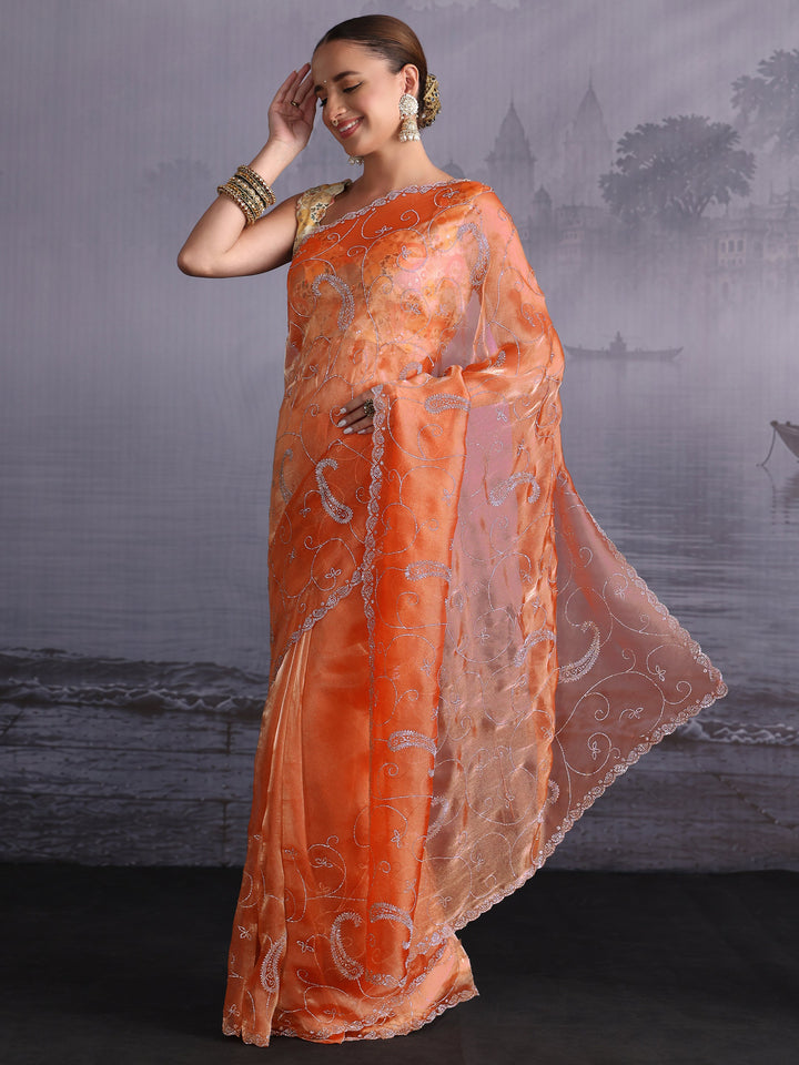 Libas Orange Paisley Stone Work Embellished Tissue Saree