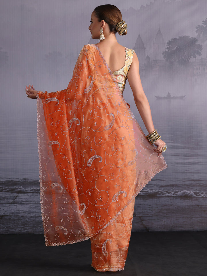 Libas Orange Paisley Stone Work Embellished Tissue Saree