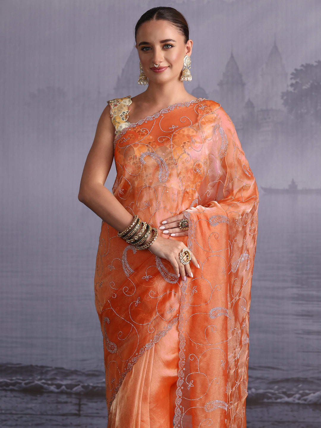 Libas Orange Paisley Stone Work Embellished Tissue Saree