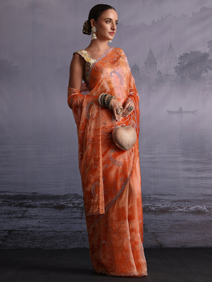 Libas Orange Paisley Stone Work Embellished Tissue Saree