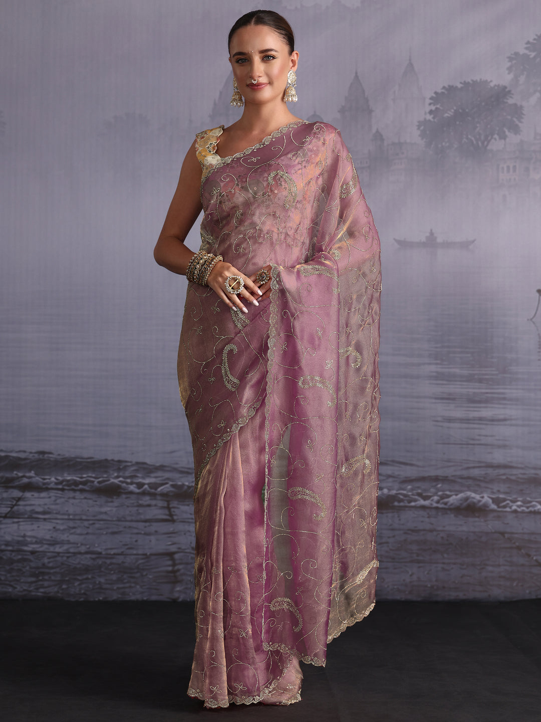 Libas Purple Paisley Stone Work Embellished Tissue Saree