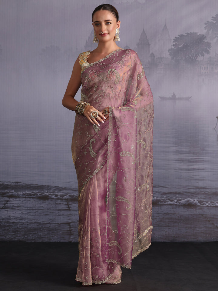 Libas Purple Paisley Stone Work Embellished Tissue Saree