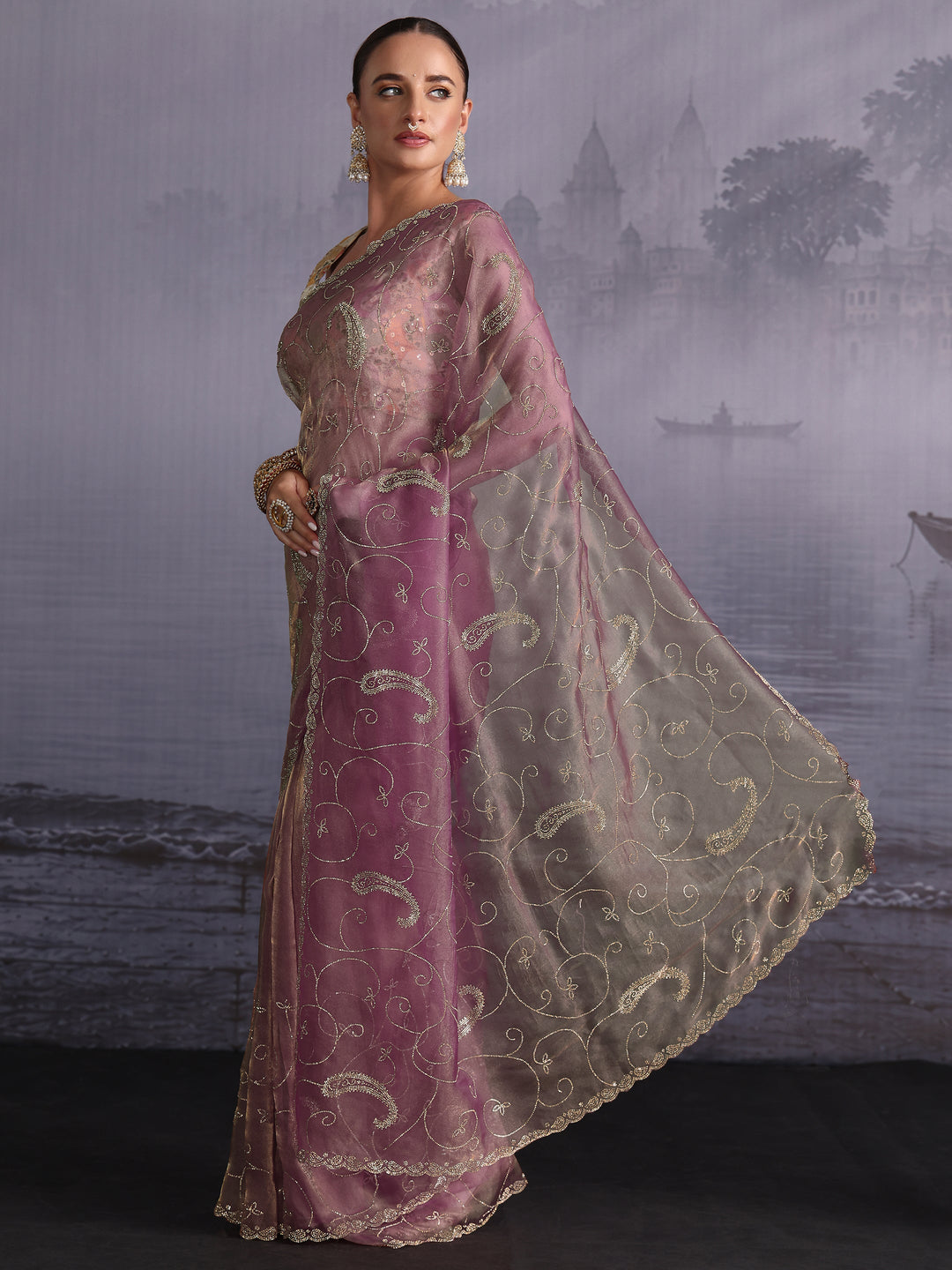 Libas Purple Paisley Stone Work Embellished Tissue Saree