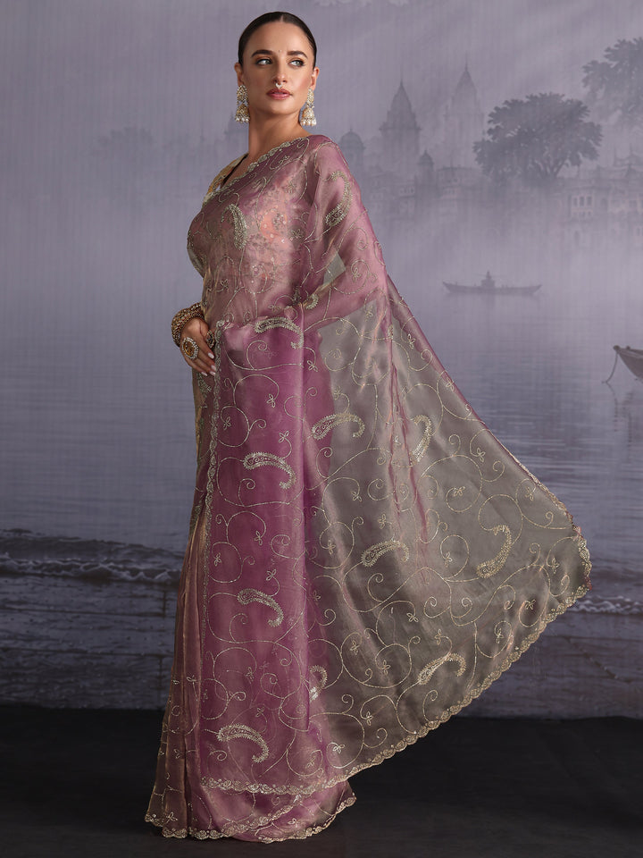 Libas Purple Paisley Stone Work Embellished Tissue Saree