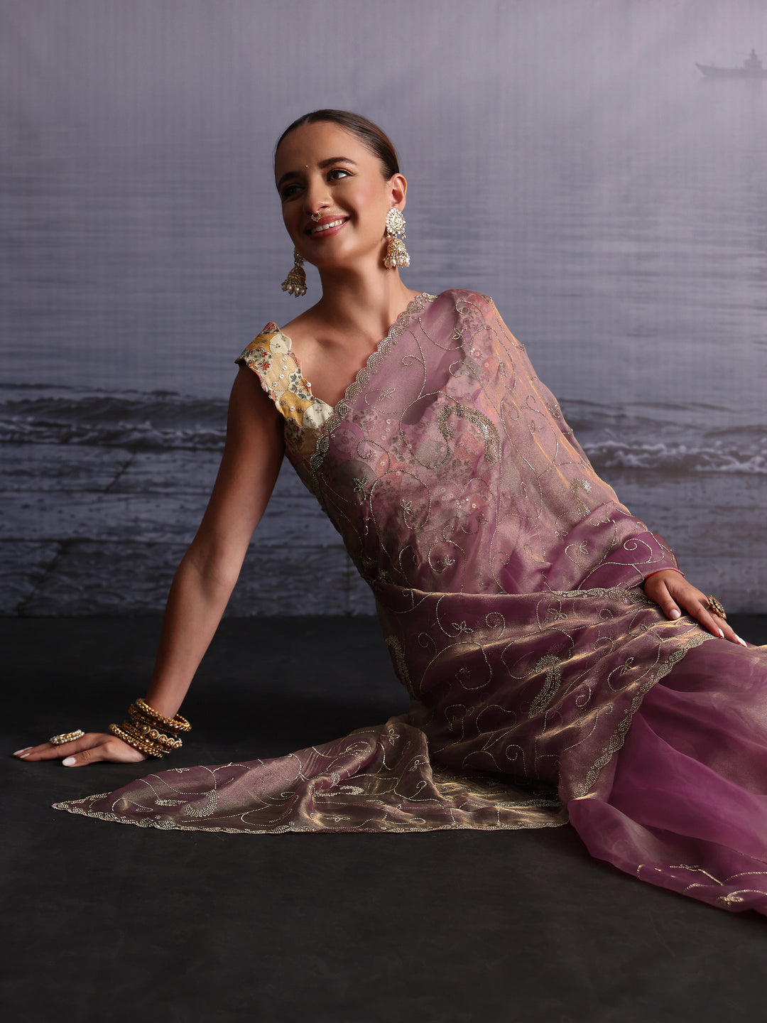 Libas Purple Paisley Stone Work Embellished Tissue Saree