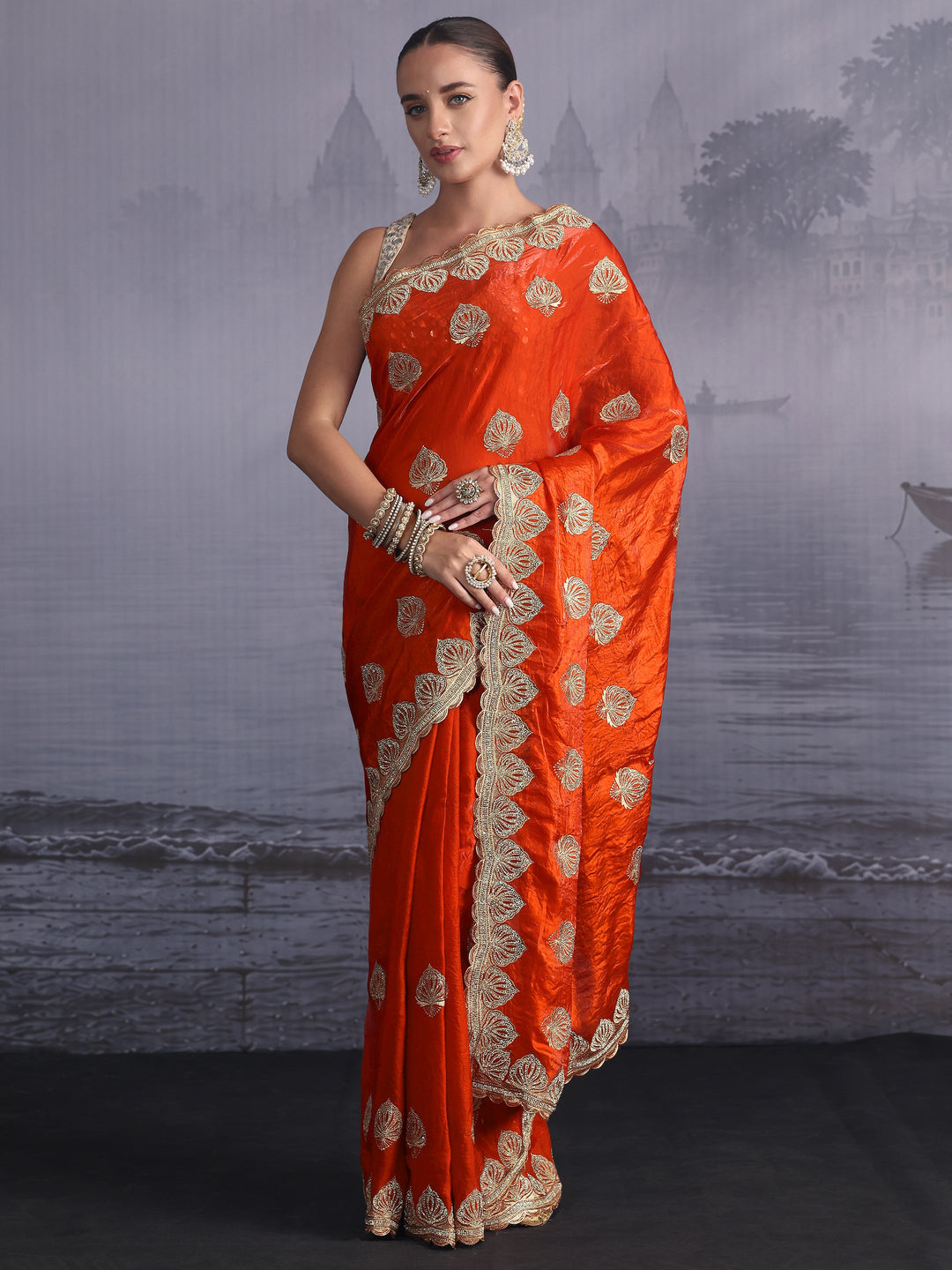 Libas Orange Ethnic Embroidered Stone Work Tissue Saree
