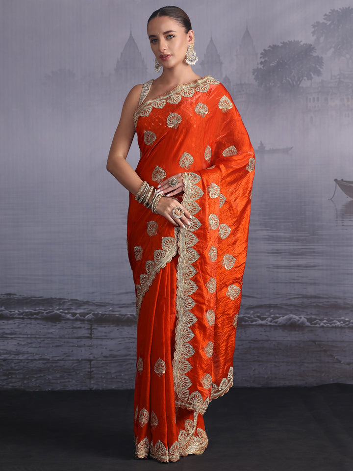 Libas Orange Ethnic Embroidered Stone Work Tissue Saree