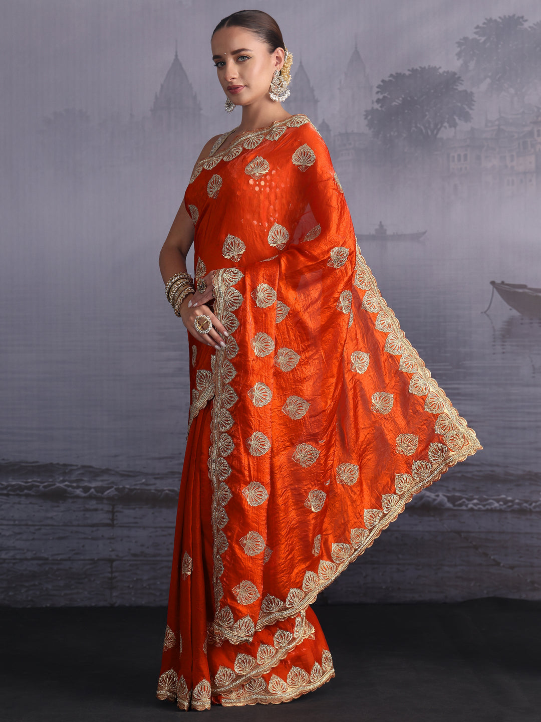 Libas Orange Ethnic Embroidered Stone Work Tissue Saree