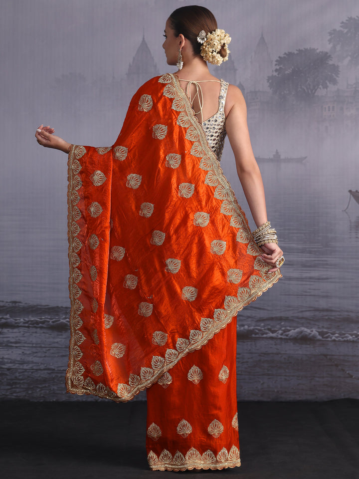Libas Orange Ethnic Embroidered Stone Work Tissue Saree