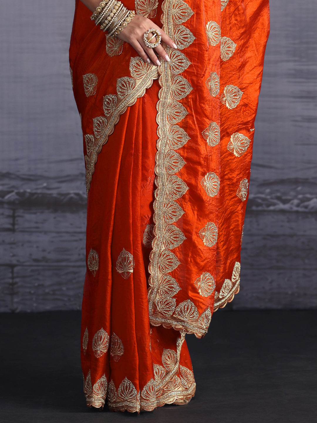 Libas Orange Ethnic Embroidered Stone Work Tissue Saree