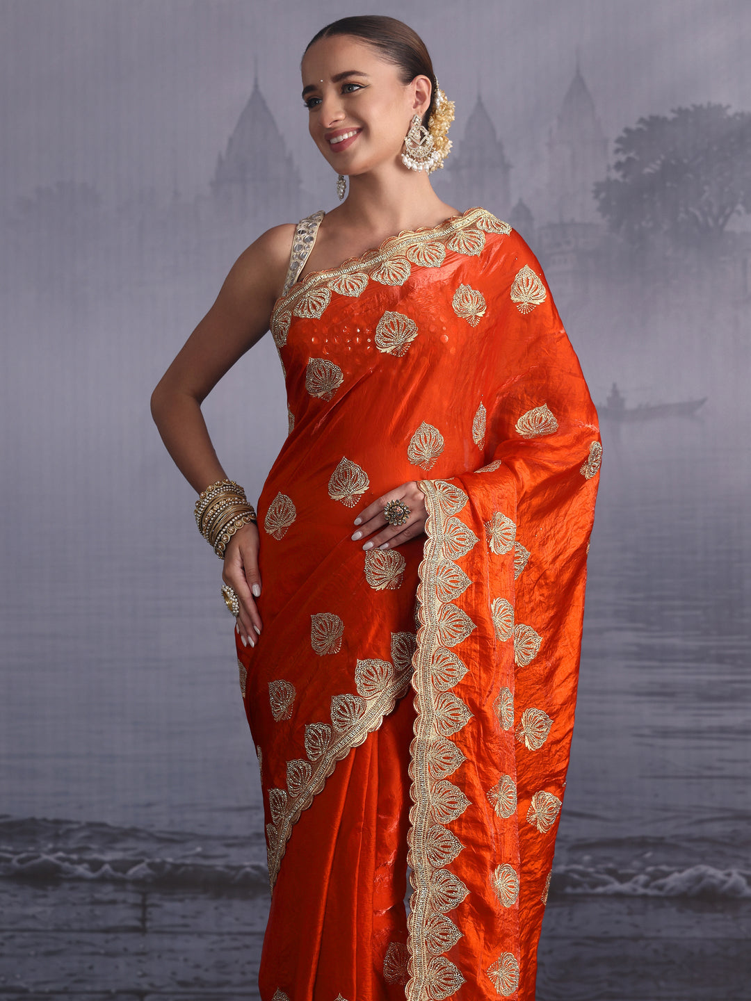 Libas Orange Ethnic Embroidered Stone Work Tissue Saree