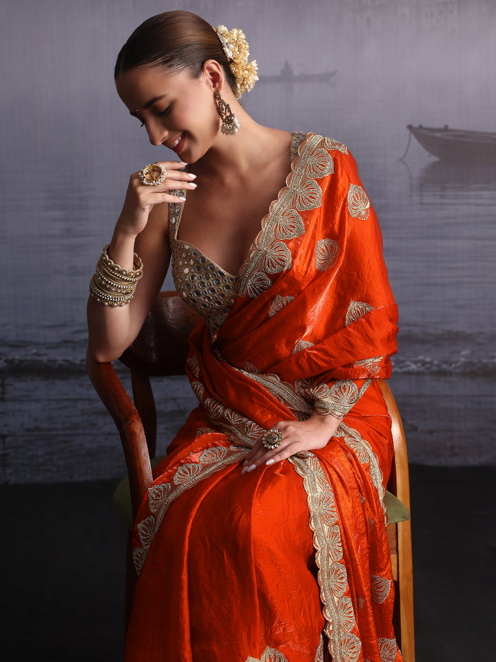 Libas Orange Ethnic Embroidered Stone Work Tissue Saree