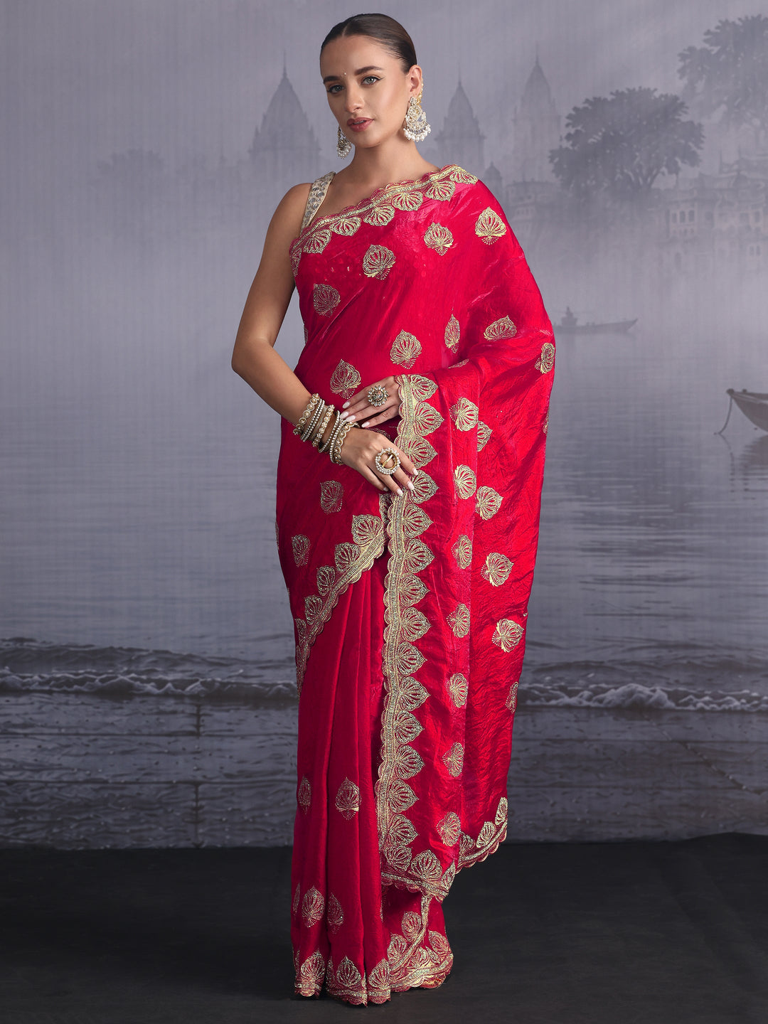 Libas Rani Pink Ethnic Embroidered Stone Work Tissue Saree