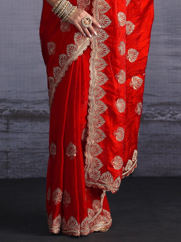 Libas Vermilion Red Ethnic Embroidered Stone Work Tissue Saree
