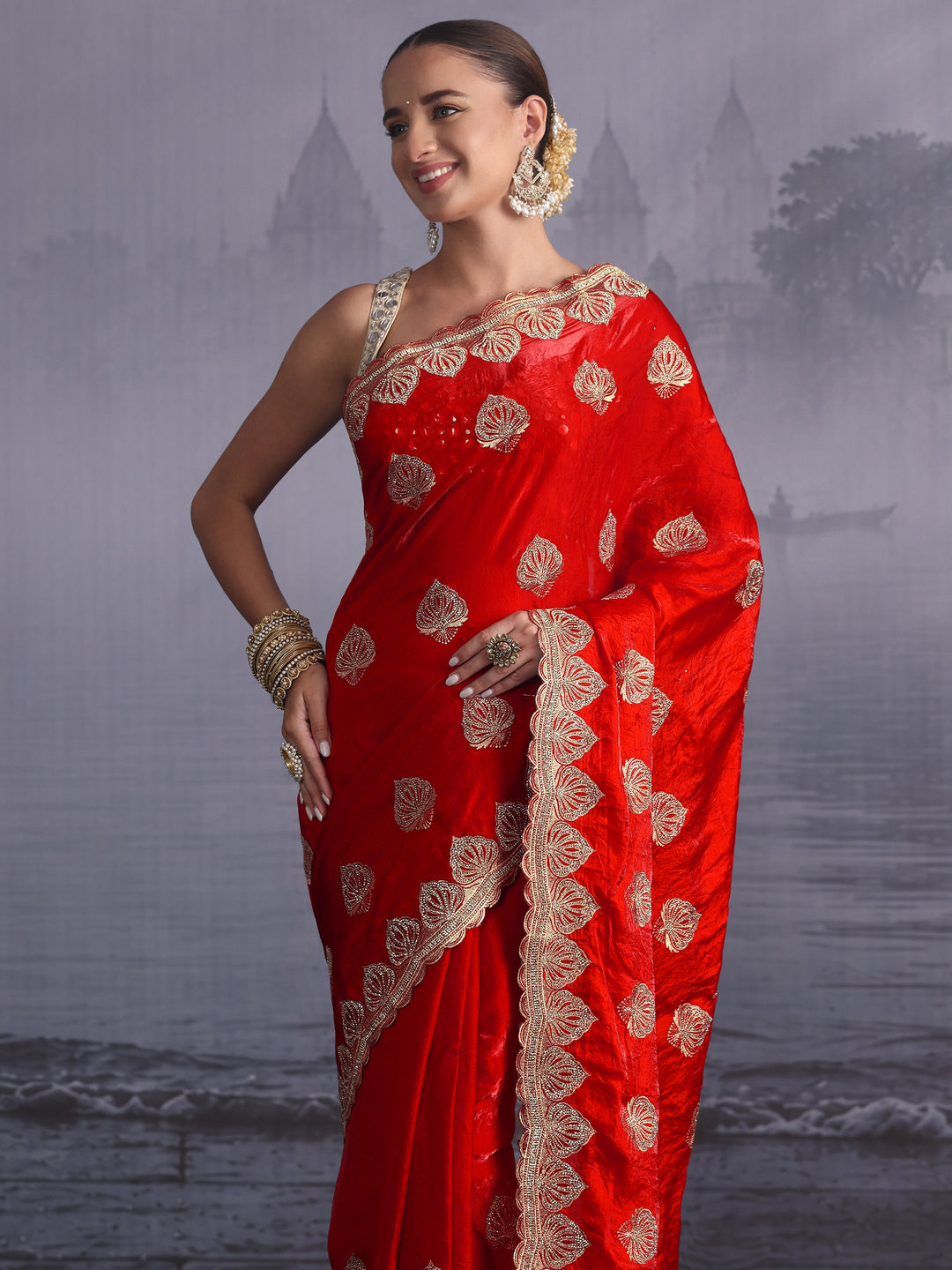 Libas Vermilion Red Ethnic Embroidered Stone Work Tissue Saree