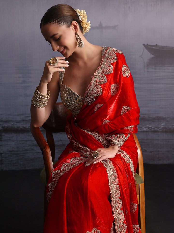 Libas Vermilion Red Ethnic Embroidered Stone Work Tissue Saree